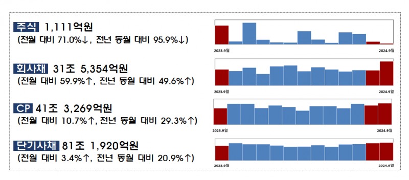 2024년 9월중 기업의 직접금융 조달실적 / 자료제공= 금융감독원(2024.10.22)