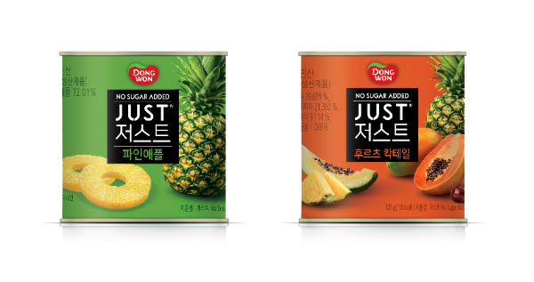 동원F&B는 설탕 대신 대체당을 활용한 ‘저스트(JUST)’ 열대과일 캔 2종을 20일 선보였다. /사진=동원F&B