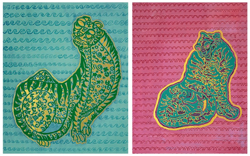 좌) 이명희, 상그레~, 2024, 천에 채색, 72.7×60.65cm, 우) 이명희, 새실새실~, 2024, 천에 채색, 90.9×72.7cm