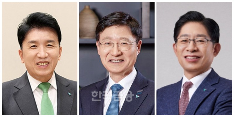 (From left) Ham Young-ju, chairman of Hana Financial Holdings, Lee Seung-yeol, vice chairman of Hana Financial Holdings and president of Hana Bank, and Kang Sung-mook, vice chairman of Hana Financial Holdings and president of Hana Securities. / Photo courtesy of Hana Financial Group