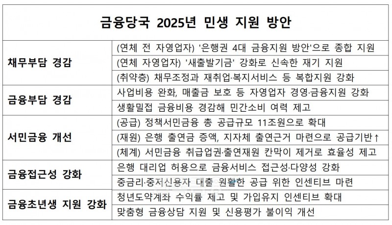 금융당국 2025년 민생 지원 방안./ 자료 = 금융위원회