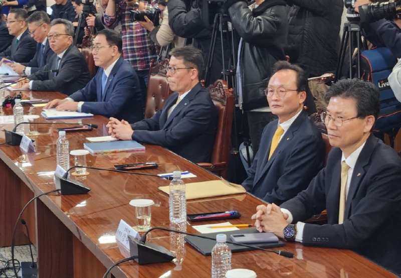 20일 더불어민주당 - 은행권 현장간담회에 참석한 은행연합회장과 6대 은행장. (왼쪽부터) 이호성 하나은행장, 정진완 우리은행장, 정상혁 신한은행장, 조용병 은행연합회장, 김성태 IBK기업은행장, 이환주 국민은행장, 강태영 NH농협은행장