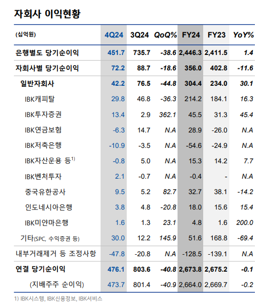 자회사 실적 / 자료출처= IBK기업은행 2024년 4분기 경영실적(2025.02.10) 갈무리