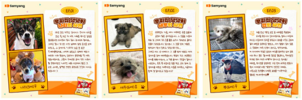 삼양식품(부회장 김정수)이 ‘삼양 흰둥이 짱구’ 출시 이후 유기견에 대한 다양한 캠페인을 펼치면서 사회공헌 활동을 전개하고 있다. /사진=삼양식품