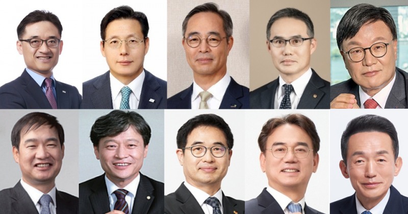 (윗줄 왼쪽부터) 김미섭·허선호 미래에셋증권 대표, 이석기 교보증권 대표, 한두희 한화투자증권 대표, 김원규 LS증권 대표. (아랫줄 왼쪽부터) 유창수·고경모 유진투자증권 대표, 전우종·정준호 SK증권 대표, 임재택 다올투자증권 대표 후보자. / 사진제공= 각사