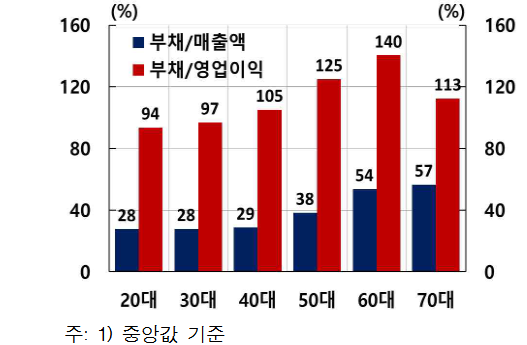 신규 개인사업자 연령별 누적 부채비율 / 자료=한국은행