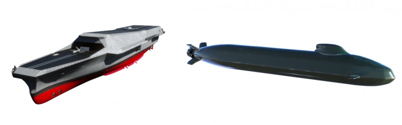 (From left) A rendering of HD Hyundai Heavy Industries’ next-generation unmanned surface combatant and Hanwha Ocean’s future submarine. /Courtesy of each company.