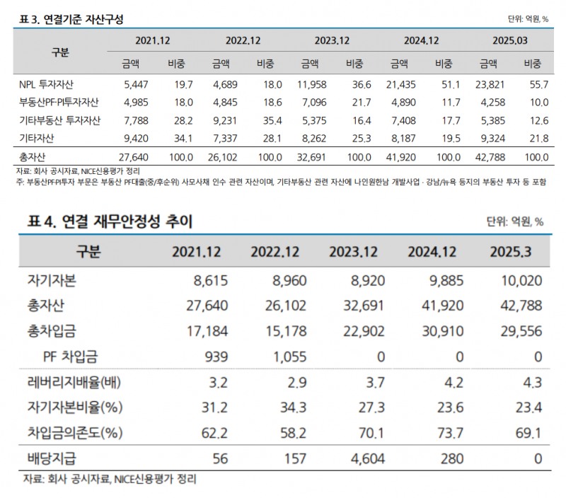 대신에프앤아이 연결기준 자산구성 표 및 연결 재무안정성 추이 표./자료 제공 = 나이스신용평가