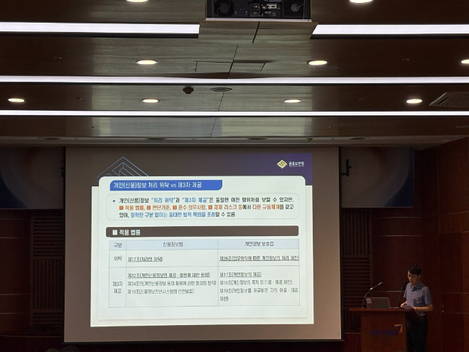 고규만 금융보안원 개인정보기획팀장이 개인(신용)정보보호 세미나에서 발표하고 있다. / 사진=우한나 기자