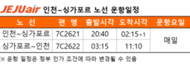 인천~싱가포르 노선 운항일정. /자료제공=제주항공