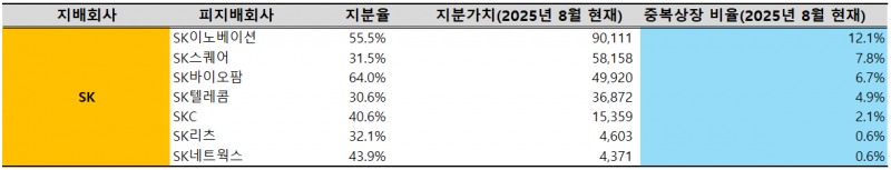 SK(주) 중복상장 비율(단위: %, 억 원)./출처=한국금융신문, 딥서치