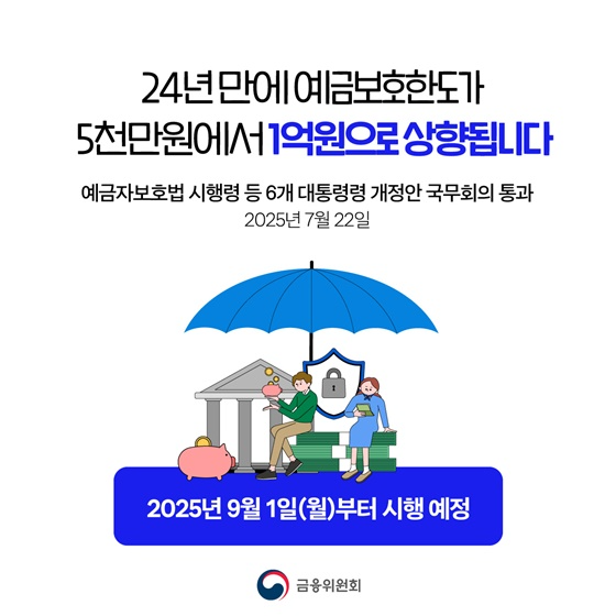 오는 9월1일 부터 예금자보호 한도가 현행 5000만 원에서 1억 원으로 상향된다. 사진=금융위원회