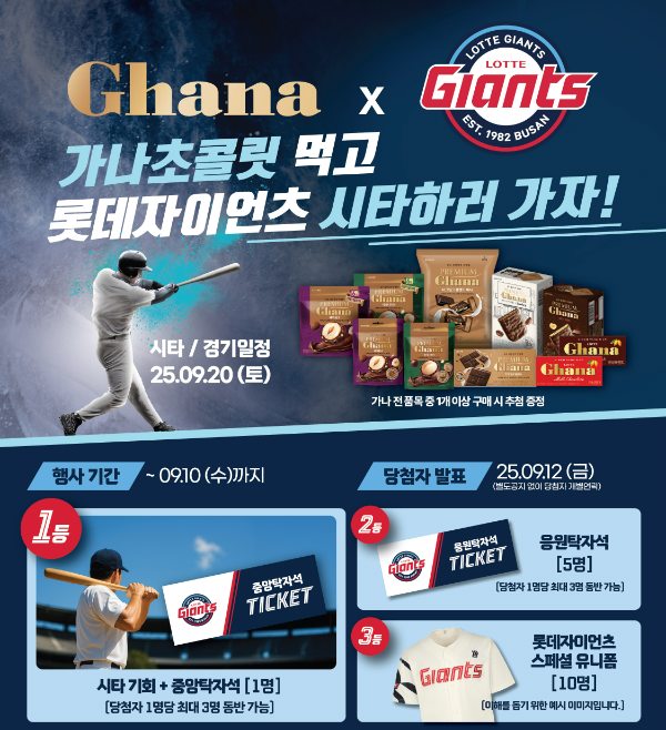 롯데웰푸드(대표 이창엽)는 초콜릿 브랜드 ‘가나’가 롯데자이언츠와 함께 야구팬을 위한 이벤트를 진행한다고 26일 밝혔다. 오랜 시간 사람들의 추억 속에 함께 해온 두 브랜드의 만남이 팬들에게 색다른 즐거움을 선사할 전망이다. /사진=롯데웰푸드