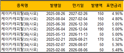 케이카캐피탈 사모 회사채 발행 내역(단위: 억원)./출처=금융투자협회