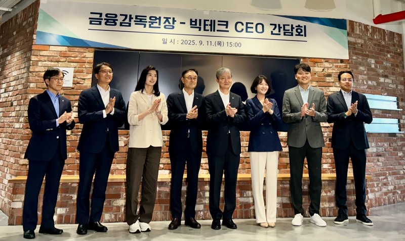 11일 이찬진 금융감독원장(왼쪽 다섯 번째)을 비롯한 주요 참석자들이 서울 강남구 네이버스퀘어 역삼에서 열린 '금융감독원장-빅테크 CEO 간담회'에서 기념사진촬영 하고 있다. 왼쪽부터 이종오 금융감독원 부원장보, 박대준 쿠팡 대표이사, 정신아 카카오 대표이사, 송치영 소상공인연합회 회장, 이찬진 금융감독원장, 최수연 네이버 대표이사, 이승건 토스 대표, 김범석 우아한형제들 대표이사. /사진=김하랑 기자