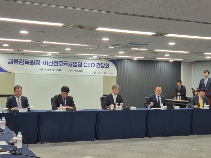 (왼쪽부터)문창환 IBK캐피탈 대표, 박창훈 신한카드 대표, 이찬진 금융감독원장, 정태영 현대카드 부회장, 김재관 KB국민카드 대표가 16일 서울 중구 여신금융협회에서 열린 금융감독원장-여신전문금융업권 CEO 간담회에 참석했다. 사진=강은영 기자