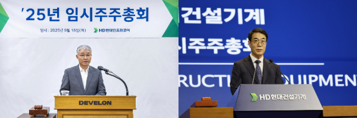 16일 인천 HD현대인프라코어 본사와 분당 HD현대 글로벌R&D센터에서 각각 열린 'HD현대인프라코어 및 HD현대건설기계 임시 주주총회'에서 의장인 오승현(왼쪽) 사장과 최철곤 사장이 총회를 진행하고 있다. /사진제공=HD현대사이트솔루션