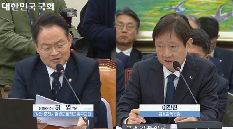 27일 국회에서 열린 정무위원회 종합감사에서 허영 더불어민주당 의원이 이찬진 금감원장에 질문을 하고 있다./사진=국회의사중계시스템