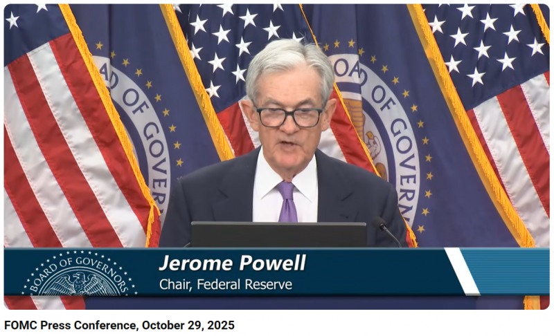 제롬 파월 미국 연준(Fed) 의장 기자회견(2025.10.29) / 사진출처= Federal Reserve 유튜브 채널 갈무리