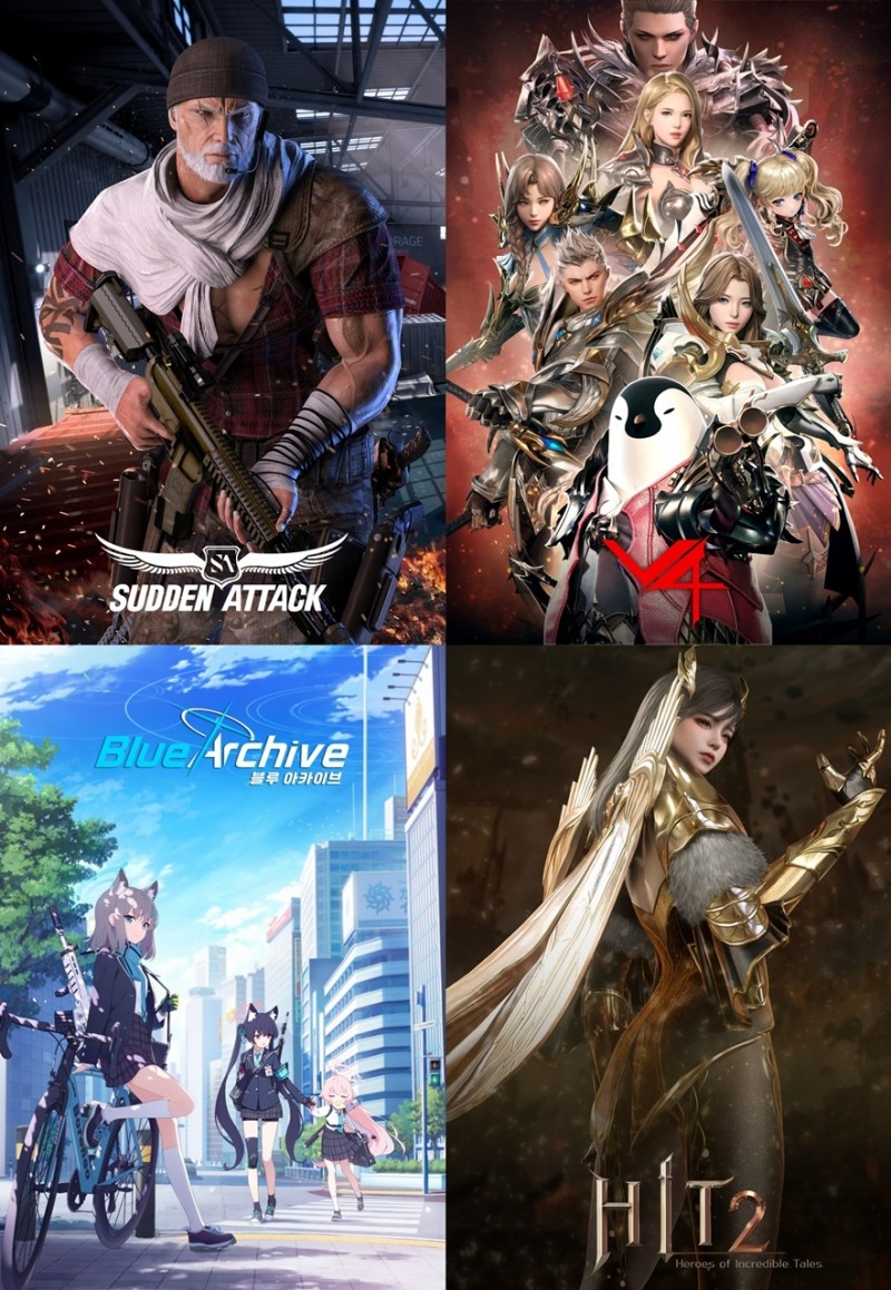 넥슨게임즈 주요 서비스 라인업. (왼쪽 위부터 시계방향으로) 서든어택, V4, 히트2, 블루 아카이브.