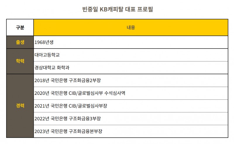 빈중일 KB캐피탈 대표이사 프로필 표./자료 = KB금융지주