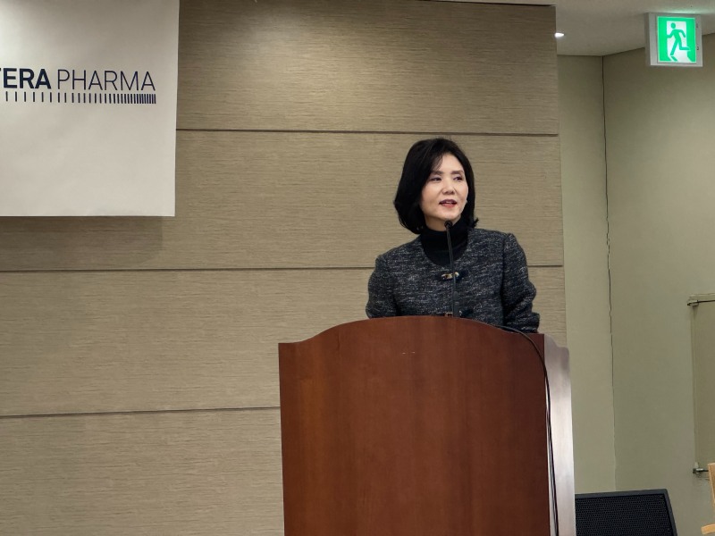 안미정 부광약품 회장이 18일 동작구에 위치한 부광약품 중앙연구소에서 미래 전략을 발표하고 있다. /사진=양현우 기자