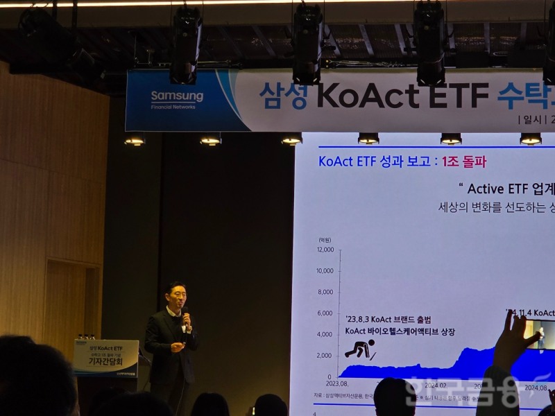 서범진 삼성액티브자산운용 ETF솔루션본부장이 25일 서울 여의도 TP타워에서 연 기자간담회에서 발표하고 있다. / 사진= 한국금융신문(2025.11.25)