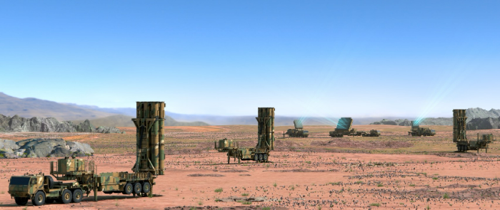 L-SAM 발사대와 L-SAM 다기능 레이다가 배치된 모습. /사진제공=한화에어로스페이스