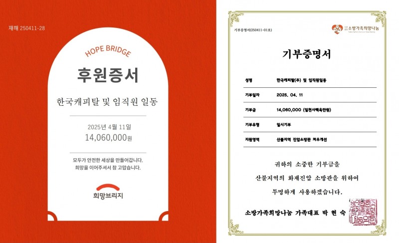 한국캐피탈 후원증서 사진./사진제공=한국캐피탈