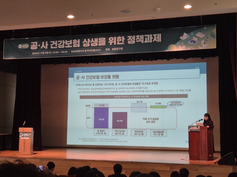 김경선 보험연구원 연구위원이 8일 KDB생명타워에서 열린 '공·사 건강보험 상생을 위한 정책과제' 세미나에서 주제발표를 하고 있다. 사진=강은영 기자