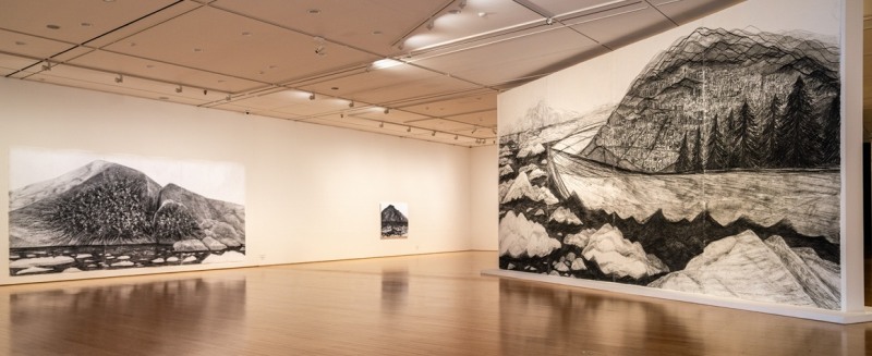 전시전경,빙하와 풍란(좌)300x 642cm,charcoal on Koreanpaper,2025 빙하와 도시(우)450x856cm,2025