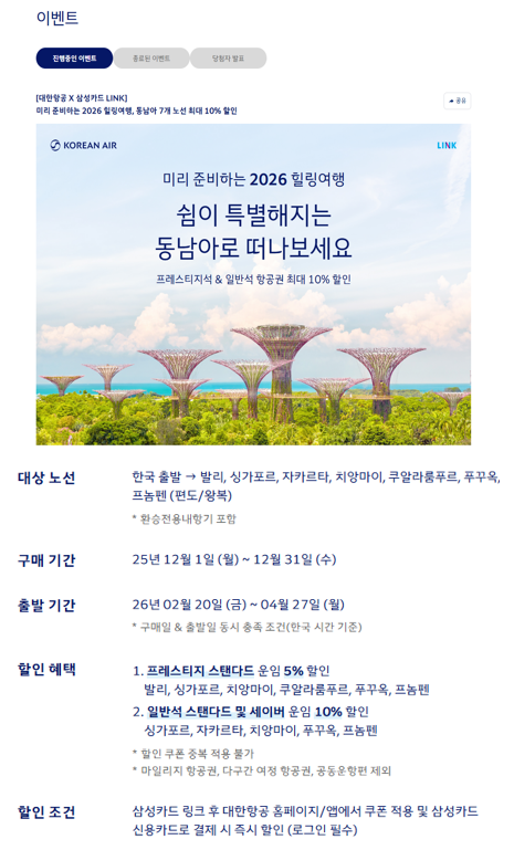 대한항공이 삼성카드와 함께 캄보디아 프놈펜을 포함한 동남아 7개 노선에 대해 프로모션을 진행하고 있다. /사진제공=대한항공 홈페이지 내 이벤트 페이지 갈무리