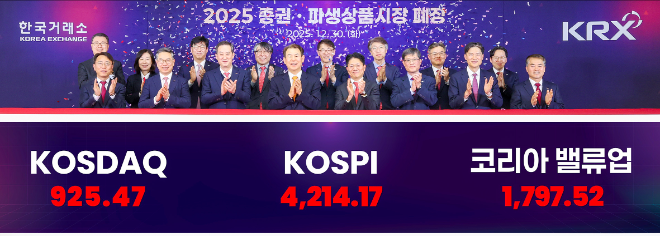 정은보 한국거래소 이사장(가운데)이 임원들과 30일 한국거래소 부산 본사에서 '2025년 증권·파생상품시장 폐장식'을 개최했다. 종가지수 기념촬영 모습. / 사진제공= 한국거래소(2025.12.30)