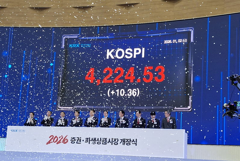 2026년 병오년(丙午年) 새해, 한국 자본시장이 '코리아 디스카운트(저평가)'를 넘어 '코리아 프리미엄' 시대로의 진입을 공식 선언했다. 지난달 코스피가 사상 유례없는 4,200선에 안착한 가운데, 정부와 국회는 코스피 5,000 시대 개막을 위한 전폭적인 지원을 약속했다. 개장식 축포정경 . 사진=한국금융신문