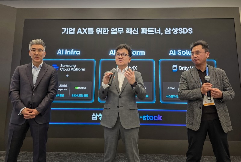 7일(미국 현지시간) CES 2026 삼성SDS 프라이빗 부스에서 진행된 기자 간담회에서 (왼쪽부터)이호준 클라우드서비스사업부장(부사장), 이준희 대표이사(사장), 송해구 솔루션사업부장(부사장)이 취재진 질문에 답변하고 있다. /사진=삼성SDS