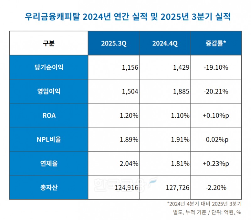 우리금융캐피탈 2024년 연간 실적 및 2025년 3분기 실적 표./표 = 김다민 기자
