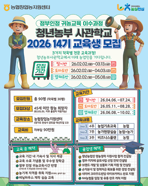 농협중앙회, 농협청년농부사관학교 14기 교육생 모집