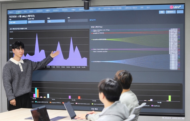 LG유플러스 임직원들이 ‘고객피해방지 분석시스템’을 가동하고 있는 모습. /사진=LG유플러스