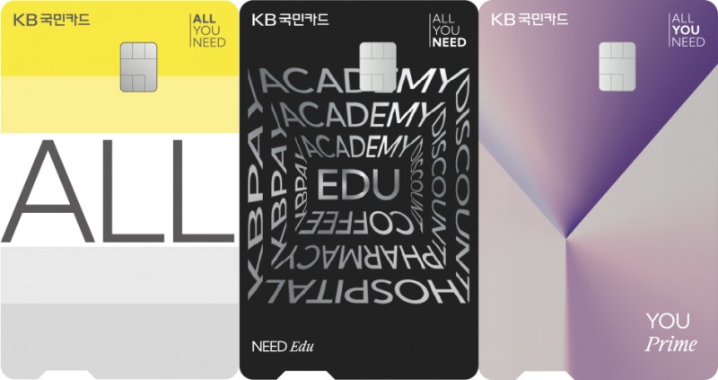 (왼쪽부터)KB ALL 카드, KB NEED Edu 카드, KB YOU Prime 카드 플레이트. 이미지=국민카드 제공
