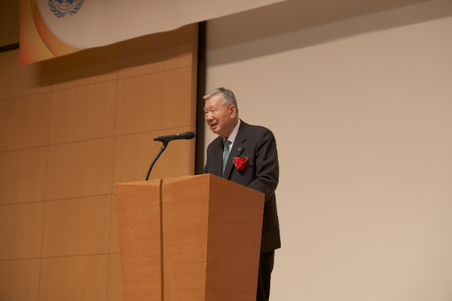 제13대 유엔한국협회 회장 취임사를 하고 있는 부영그룹 이중근 회장./사진제공=부영그룹