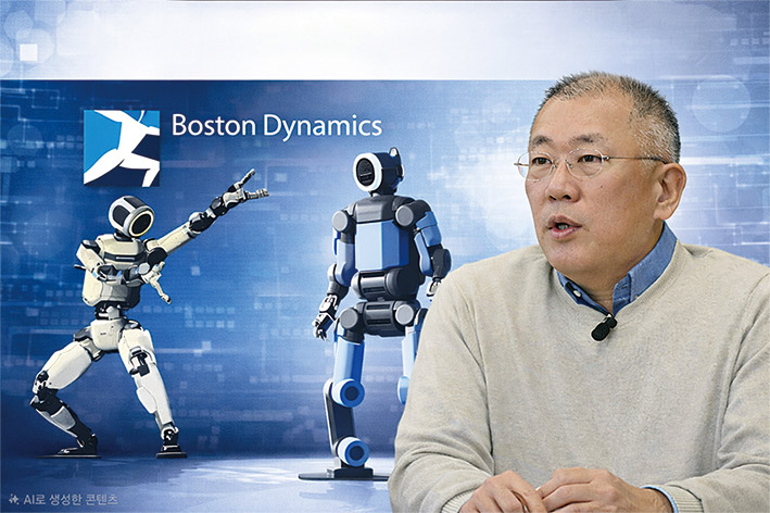 ▲정의선 현대자동차그룹 회장과 보스턴다이나믹스 휴머노이드 아틀라스 사진 챗GPT
