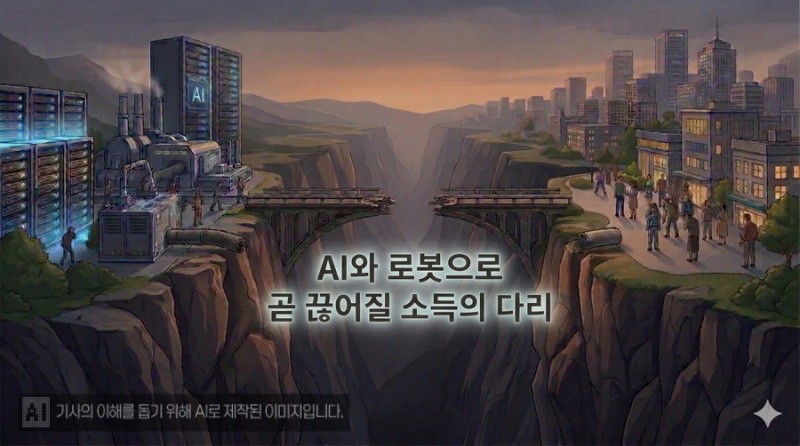 ▲AI 시대가 깊어지면서 노동 소멸로 개인들의 소득이 줄어들 것은 명약관화해지고 있다. 소득의 다리가 끊어지면 경제 순환이 멈추고, 자본주의의 작동도 멈출 위기에 처한다. (이미지=생성형AI 활용)