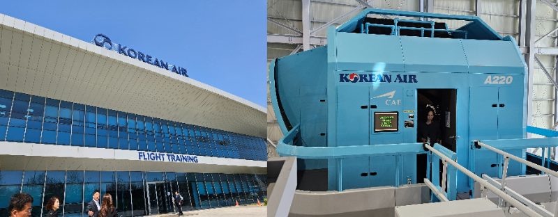 대한항공 운항훈련센터 전경(왼쪽)과 A220 조종사 모의비행장치. /사진=신혜주 기자