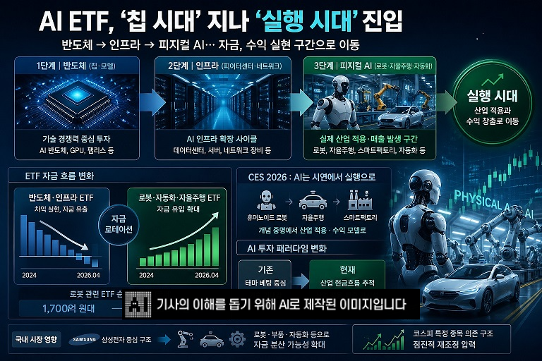 AI ETF 자금 흐름이 반도체 중심에서 인프라를 거쳐 ‘피지컬 AI(Physical AI)’로 이동하고 있다.