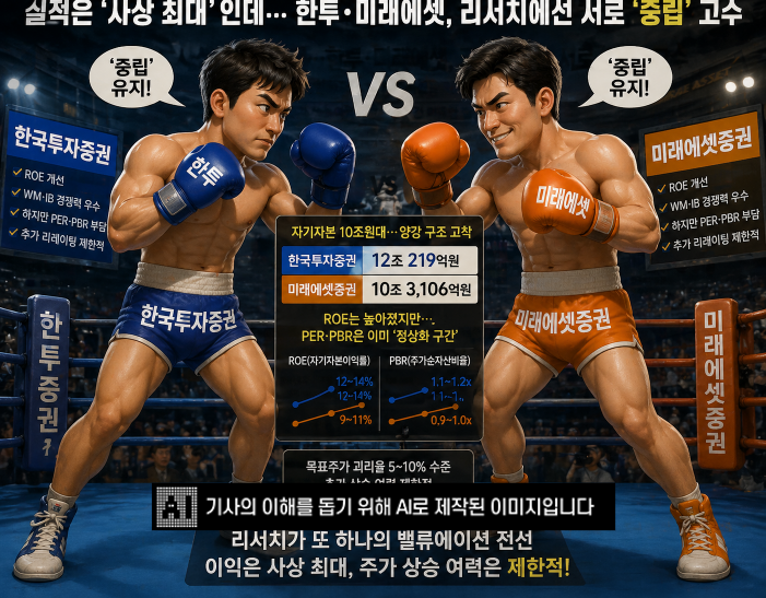 한국투자증권과 미래에셋증권이 사상 최대 실적에도 불구하고 서로에 대한 리서치에서 밸류상단을 봉인하고 있다.