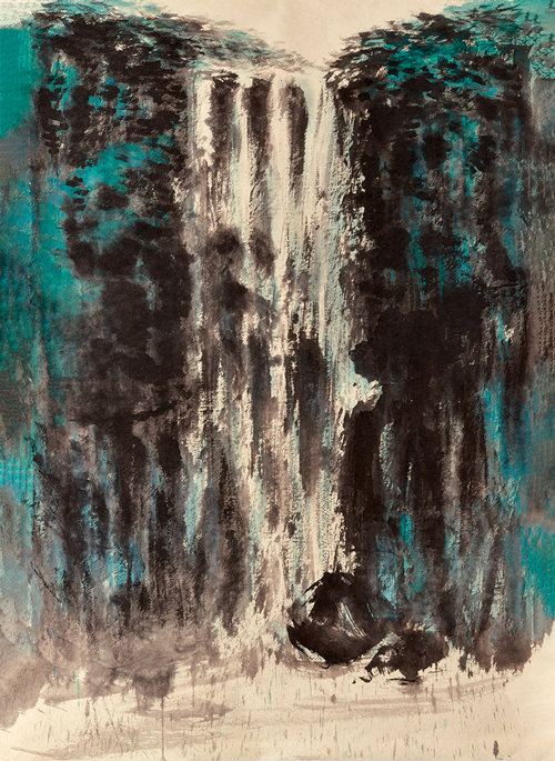 Green Waterfall, 190×130cm, Color and Ink on Korean Paper, 2020