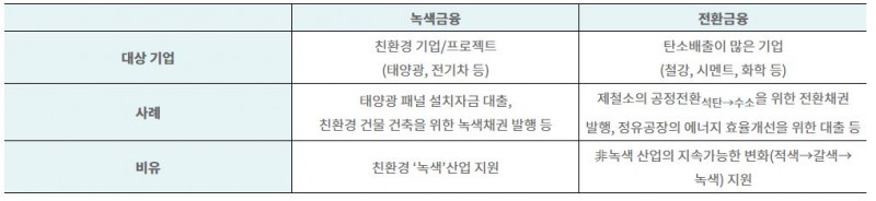 정부가 예시로 든 녹색금융(Green Finance)과 전환금융(Transition Finance) 프로젝트 / 자료=금융위원회