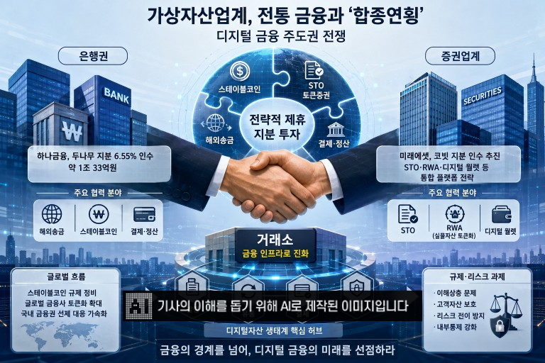 가상자산 업계가 은행·증권 등 전통 금융권과 손잡고 시장 선점 경쟁에 본격 나서고 있다.