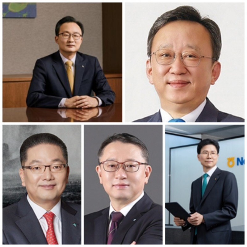 국내 5대 은행장. 이환주 국민은행장(왼쪽 위), 정상혁 신한은행장 (오른쪽 위), 이호성 하나은행장(왼쪽 아래), 정진완 우리은행장 (중간 아래), 강태영 농협은행장 (오른쪽 아래) / 사진=각 사