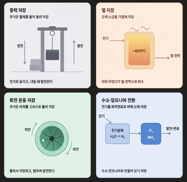 ▲전기를 싸고 안전하고 효율적이고 장기적으로 저장하는 여러가지 기술들이 개발되고 있으며, 일부 기술들은 상용화 단계에 들어서 있다. (그래픽: 생성형AI활용)